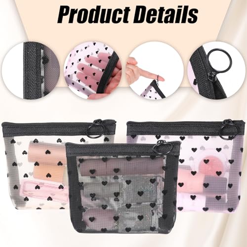 3Pcs Mini Heart Mesh Makeup Bag with Zipper, Mesh Cosmetic Bags Heart Print Zipper Pouch Travel Accessories Storage Small Purse Bag for Women Lipstick Makeup Organizer 3 Colors3
