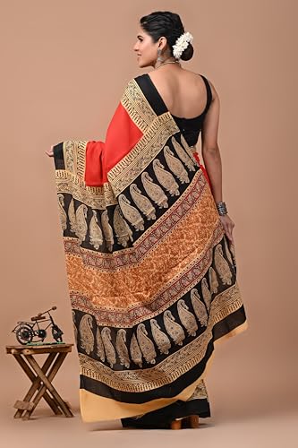 Image of Crafts Moda Pure Cotton Floral Print Saree with Blouse for Women