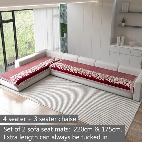 Image of Nendle Superior Velvet Floral Sofa Mat 7 Seater Set Cover Durable Protector for Living Room Sofa Set 4+3, Suitable for L Shape, Sectional and U Shape Sofa (Maroon, Pack of 2)