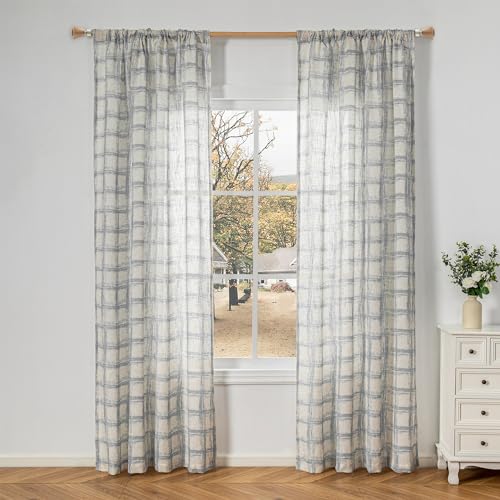 Image of MYSKY HOME Semi Sheer Curtains 84 Inch Length 2 Panels Set for Living Room Plaid Printed Linen Look Drapes Soft Fabric Light Filtering Privacy Protect Elegant Cute Look Country Curtain, W50, Grey