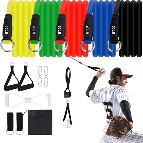 17 Pcs Baseball Resistance Bands Baseball Training Equipment Softball Training Aid Arm Trainer with Interchangeable Grips Pitchers Build Arm Strength Accessories for Baseball Players Training Warm-Up