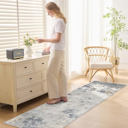 2X6 Washable Runner Rug for Hallway: Soft Neutral Modern Abstract Area Rug - Non-Slip Low Pile Long Throw Indoor Carpet for Kitchen Entryway Kitchen Bedroom Laundry Bathroom- Blue Grey
