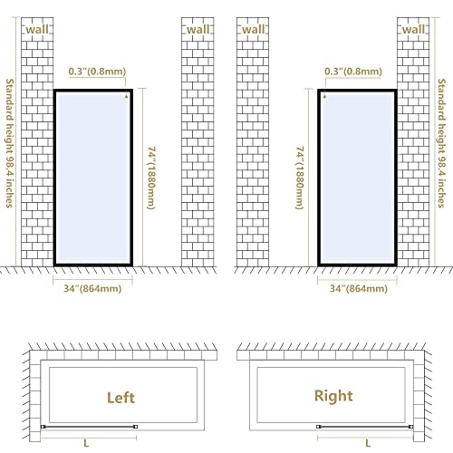 Fixed Glass Shower Door, Framed Tempered Glass Shower Panel 34 * 74 Inch For Open Walk-In Bathroom, Clear Glass Bathtub Shower Door With Matte Black Hardware Finish #TOP6