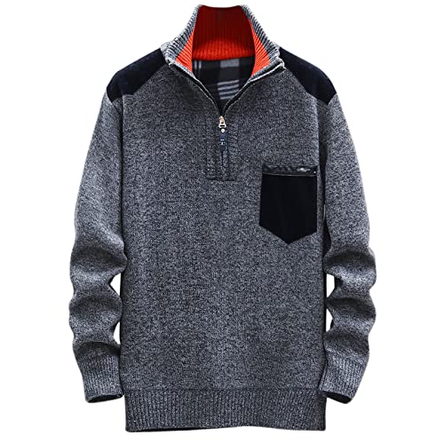 tuduoms Fashion Sweaters Men's Quarter Zip Casual Stand Collar Pullover Ribbed Cable Knit Jumper Tops Knitwear with Pocket