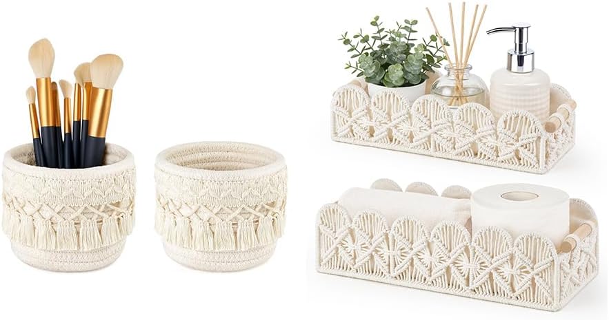 Mkono Macrame Makeup Brush Holder and Scalloped Edge Storage Baskets, Boho Decor Box Organizer, Set of 4