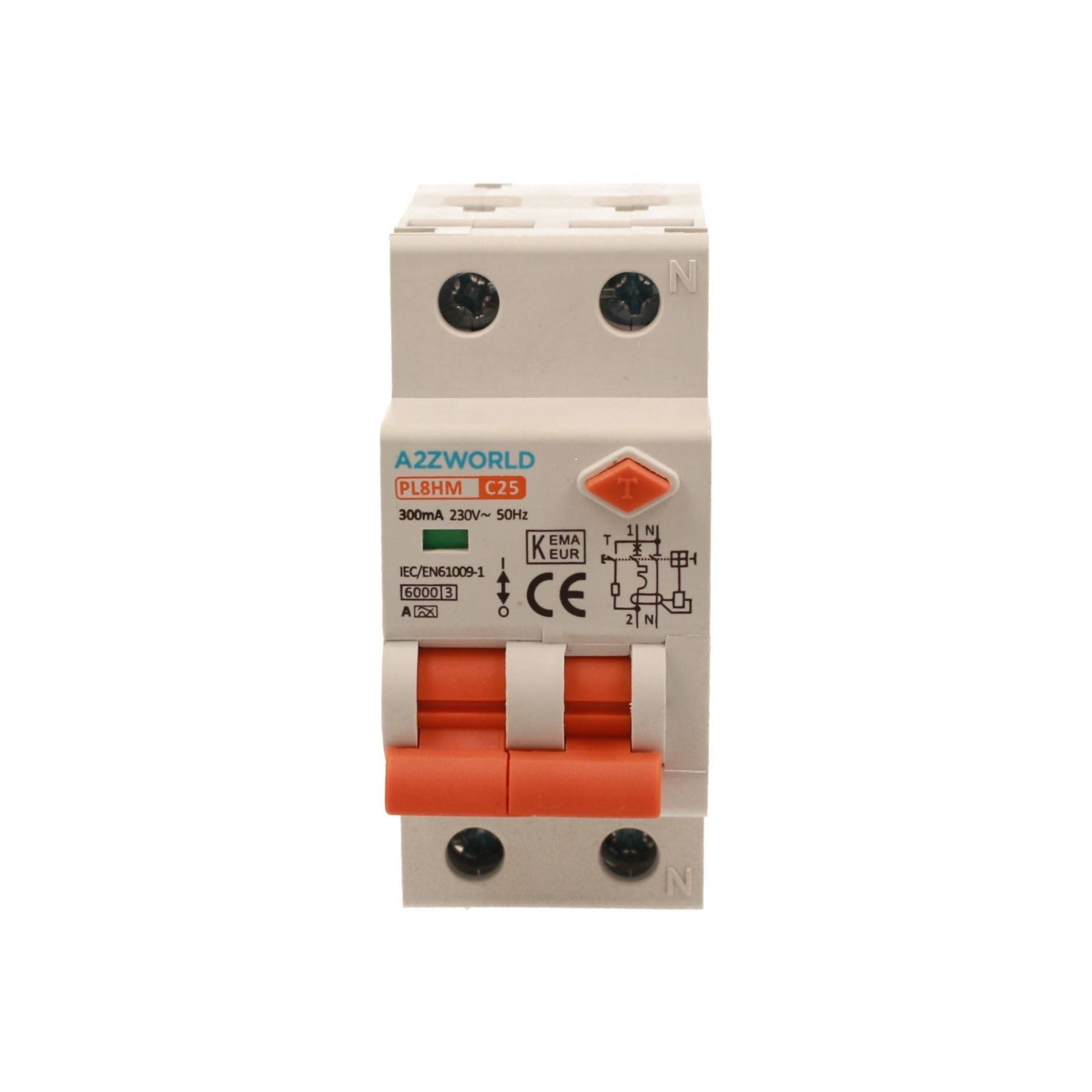 A2ZWORLD Interruttore Magnetotermico Differenziale Tipo A 300mA, RCBO Classe A 2P C25 25A, Curva C 1P+N 6000A, Occupa 2 Moduli DIN, AC 230V IP20 IEC61009-1