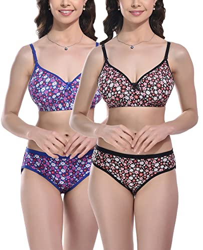 Image of FIMS - Fashion is my style Women Cotton Blend Floral Print Padded Non-Wired Bra Panty Set Full Coverage Lingerie Set Multicolor See Main Image to Check How Many Sets You Will Get