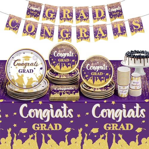 2025 Graduation Party Decorations, Purple Graduation Party Supplies Disposable Paper Plates Napkins Cups Tablecloth Banner Dinnerware Set for Congrats Grad Party Decorations, Serve 25