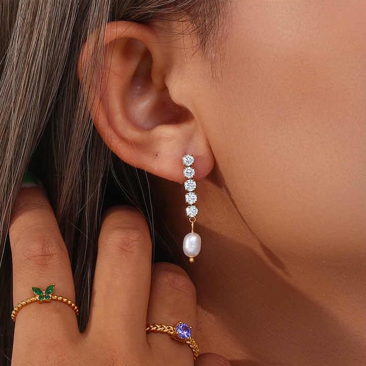 Image of PALMONAS 18k Gold Plated Pearl Drop Diamond Earring for Women - Gift for Girls & Women | Waterproof & Anti-Tarnish Earrings