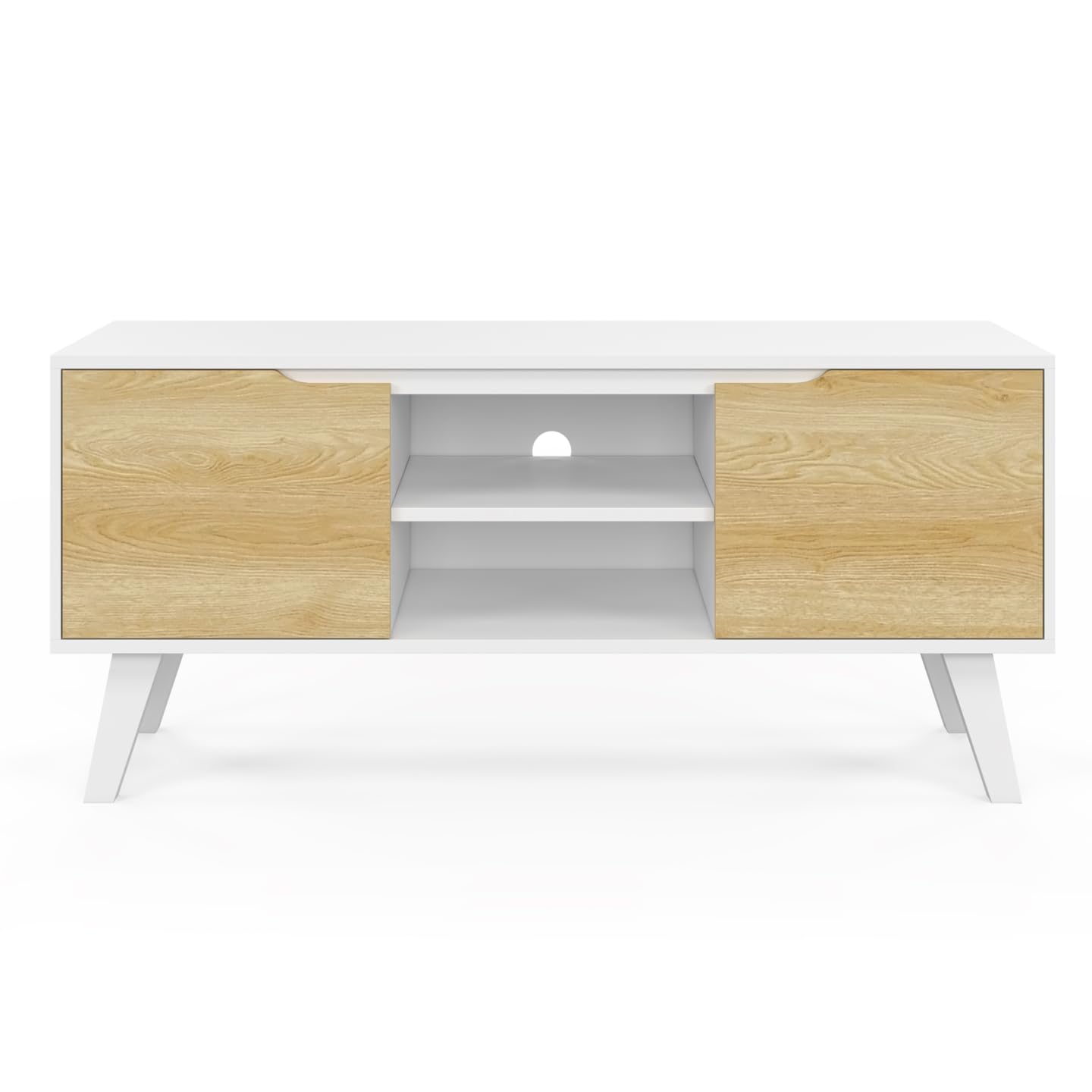 IDMarket - Meuble TV 110 cm FINN Blanc 2 Portes façon hêtre