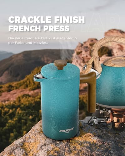 Poliviar French Press aus Edelstahl, Thermo Kaffeebereiter Doppelwandig isoliert, Kaffeebereiter 1 Liter, Handfilter Kaffeepresse mit Plunger & Griff aus Holz, Coffee Press 2