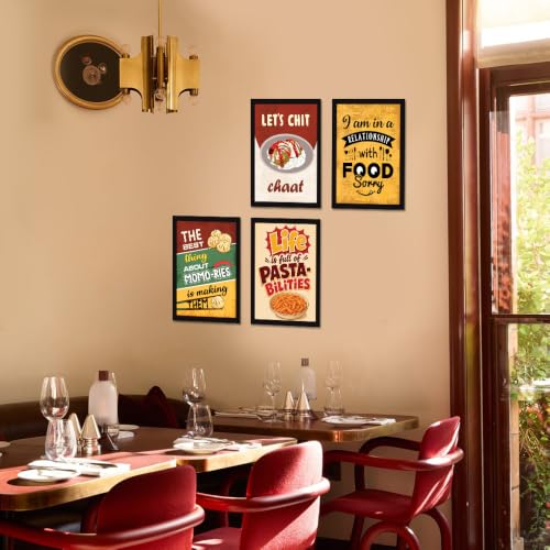 Image of Chaka Chaundh - Restaurant wall decoration items - Cafe quotes wall frames - Restaurants walls frame - Cheesy wall frame poster, Momo wall frame, Food wall frame art. Pasta frame poster wall art. (14X11 inch. Set OF 4 )