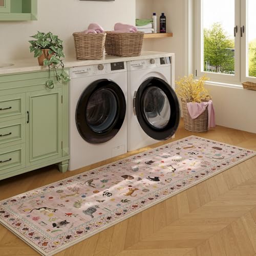 Runner Rug for Kitchen Non Slip 2'6''x8' Washable Rugs with Rubber Backing Soft Floral Animal Cat Carpet Runner for Kitchen Laundry Bedroom Bathroom, Pink