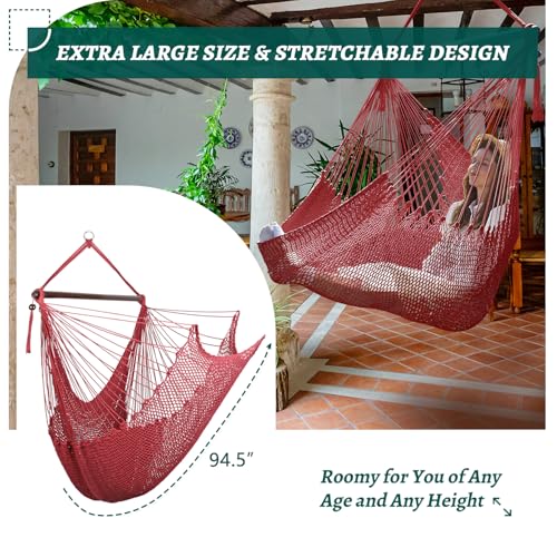 Image of Bathonly Large Hammock Chair with Spreader Bar, Caribbean Hammock Swing Chair, XL Hammock Chair Outdoor Indoor, 330 LBS Weight Capacity, Red