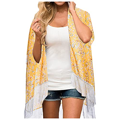 Genérico Bikini Mujer Bikini Braga Alta Mujer Reductora Cárdigan de Gasa con Estampado para, Manga Corta, de Playa Suelta, Blusa para Cubrir Traje BañO BañAdor Pecho (Yellow, One Size)