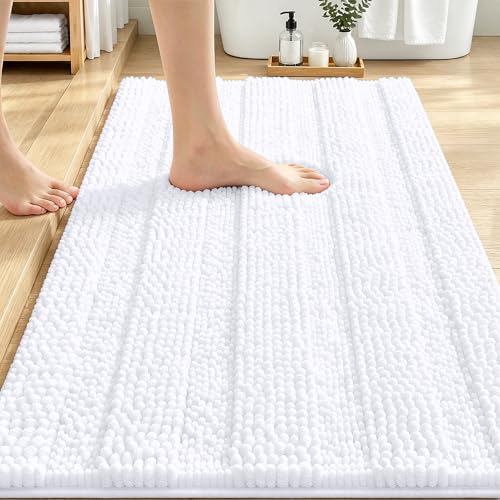 Image of OLANLY Thick Bathroom Rugs 30x20, Extra Soft Absorbent Chenille Striped Bath Rugs, Rubber Backing, Machine Wash Dry, Bath Mats for Bathroom Floor, Tub and Shower, Home Decor Accessories, White