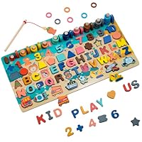Wooden Alphabet Puzzle All in One Letters Shape Number Matching Board Montessori Educational Early Learning Toy for Preschool Kids