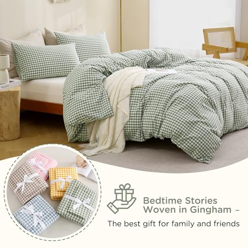 Image of TOCOMOA Green Gingham Duvet Cover Bedding Set 100% Washed Cotton Like Linen Feel Super Soft Comfortable 3 Piece Plaid Checkered Comforter Cover Set (California King 104 inchx98 inch, Comforter Not Included)
