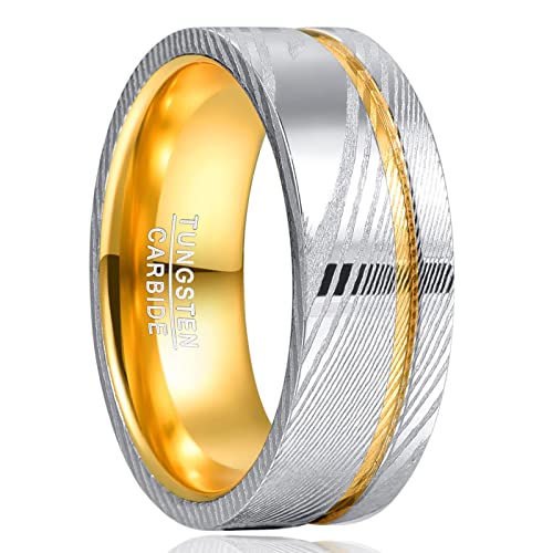 NUNCAD Bague Homme en Acier Damas et Tungstène, Anneau Large 10mm, Argent avec Rainure Dorée, pour Fiançailles Anniversaire, Taille 61