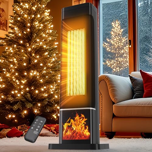 KEGIAN Space Heater Large Room, Electric Heaters for Indoor Use with Remote, Adjustable Thermostat, 120° Oscillation, 24H Timer, 3D Fireflame, Ceramic Tower Heater, Heater for Bedroom, Office