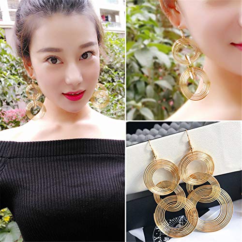 Women Gold Plated Long 70s Disco Earrings hoop round 3 circles Multi-layer drop big alloy geometric party wear Earring3