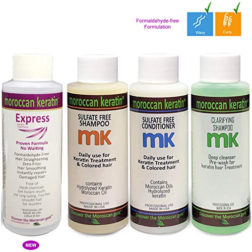 Moroccan Keratin Express Smoothing Straightening Hair Treatment Formaldehyde Free No-Wait Formula Instant Results 120Mlx4 With Clarifying Shampoo, Sulfate-Free Shampoo And Conditioner #TOP6