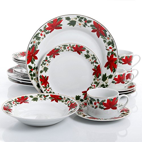 Gibson Home Poinsettia Holiday 20 Piece Dinnerware Set - (Christmas Theme)