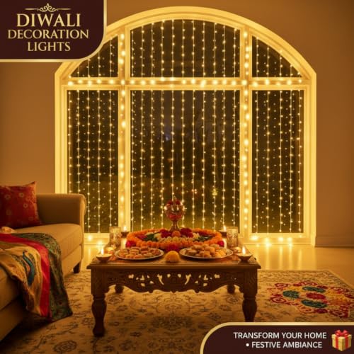 Image of MIRADH 180 LED 9.8 Feet Window Curtain String Light Wedding Party Home Garden Bedroom Diwali Lights for Decoration, Diwali Lights for Home (Warm-White Led Curtain 3M x 3M)