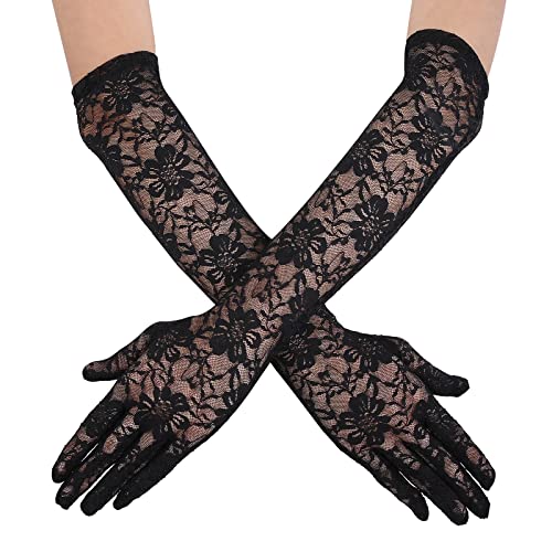 Yolev Lange Spitzenhandschuhe für die Braut Vintage Spitze Hochzeit Opern Gloves für Damen Kleidungs Zubehör (Schwarz)