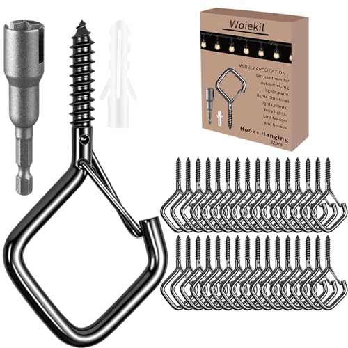 Woiekil Screw-in Hooks with Safety Buckle, 2.16 Inch Metal Ceiling Hooks for Hanging Plants and Outdoor String Lights, Windproof Eye Hooks Screw for Patio, Lights, Bird Feeders (Black, 32 Pcs)
