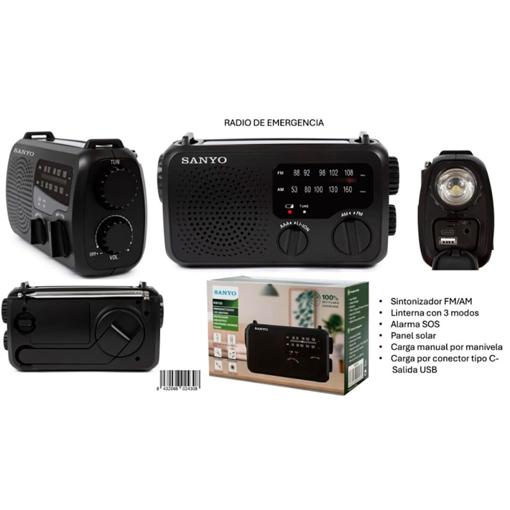 Radio de Emergencia Sanyo KS133 – Pilas, Solar, Dínamo y Linterna. con Salida USB para Poder Cargar Dispositivos.
