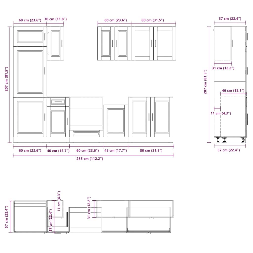 ACAGALA Set di mobili da cucina, 8 pezzi, blocco da cucina regolabile, in legno grigio cemento, angolo cottura da incasso, cucina completa, mobiletto da cucina, armadietto da cucina, pensile, senza
