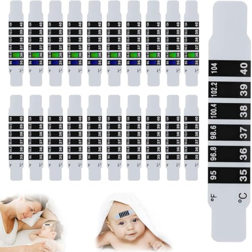 CJQRL 20 Piezas Tiras de termómetro para la frente, tiras de temperatura reutilizables para niños, tiras para la fiebre, termómetro de oído, pegatina de temperatura para viajes en el hogar