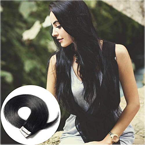 Invisble Tape in Hair Extensions Human Hair 100% Rooted Remy Human Hair Seamless Tape Skin Weft Extensions 40pcs 100g/pack jet Dark Black 16inch #1 + 20pcs Free Tapes