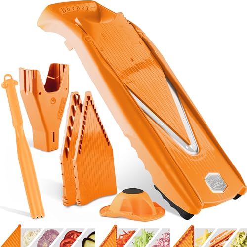 Börner Gemüsehobel V5 (Plus Set) Verstellbarer V-Hobel mit extra viel Zubehör + Schäler Gemüseschneider mit Edelstahl V-Klinge Für Scheiben Streifen Würfel Farbe: Orange