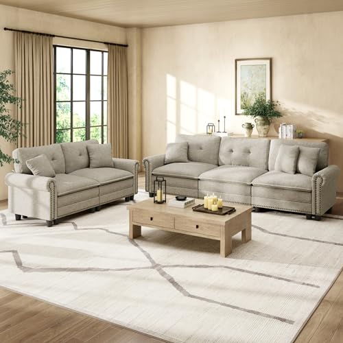 Image of HERA'S HOUSE Modular Sectional Sofa Set for Living Room 2-Piece Deep Seats | Mid-Century Modern 5-Seater Cloud Sofa Set, Light Grey, Rolled Arms & Nailhead Trim, Wider Seats, Soft Linen Furniture Set