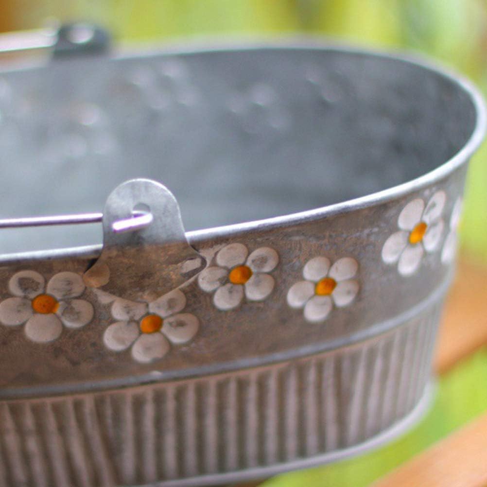 Yardwe Vintage Embossed Metal Bucket Planter with Daisy Pattern Small Oval Galvanized Tin Bucket for Indoor Outdoor Garden Decor 7.5X6.3X3.1 Inch
