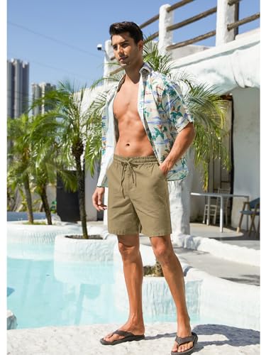 Image of RQP Mens Cotton Linen Shorts Casual Drawstring 7inch Inseam Shorts Stretch Summer Beach Wear
