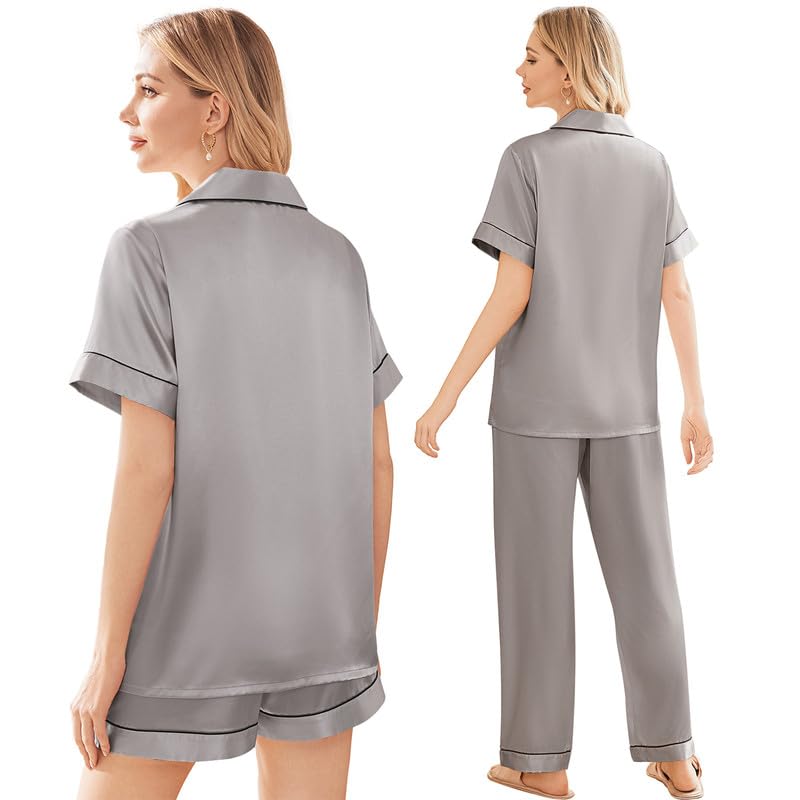 Image of Ekouaer Silk Pajamas for Women Set Satin Soft Short Sleeve Button Down Pjs | 3 Piece Loungewear,Comfy Sleepwear,Silky Smooth Fabric,Gift for wedding,Bridal Party,Coffee Time,Vacation