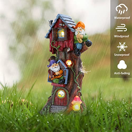 TERESA'S COLLECTIONS Garden Ornaments Outdoor, Lovely Solar Tree Fairy House with Garden Gonks, Waterproof Garden Fairy House Ornaments, Indoor Outdoor 28CM