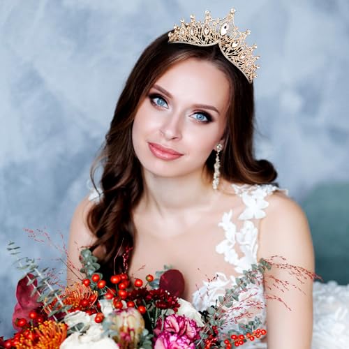 Image of Fesciory Birthday Crown for Women, Gold Plated Crystal Tiara with Sash | Sparkling Princess Queen Tiara, Adult Fit, Birthday, Wedding, Prom, Coming of Age Gifts & Halloween Costume Accessories