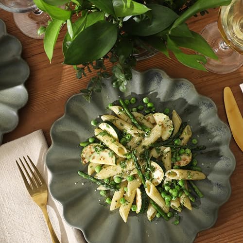 Image of Gibson Elite Bistro Fleur Plates and Bowls Sets, 12-Piece Stoneware Dinnerware Set for 4, Matte Green Scalloped Dish Set with Dinner Plates, Salad Plates & Bowls