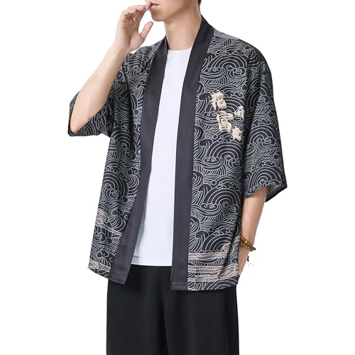 Image of PRIJOUHE Men's Japanese Kimono Cardigan Jackets Casual Long Sleeve Open Front Coat Lightweight Yukata Outwear