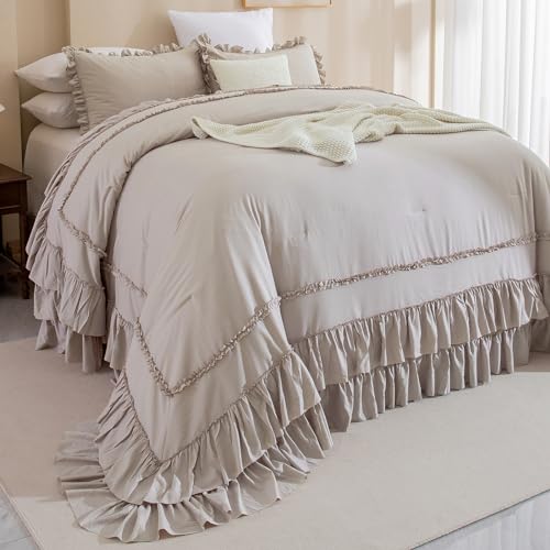 Image of QSH Taupe Oversized California King Ruffled Bed Comforter Set 128x120, Farmhouse Vintage Chic Comforter French Country Shabby Bedding Comforter Soft Microfiber Fluffy Bedding 3 PCs