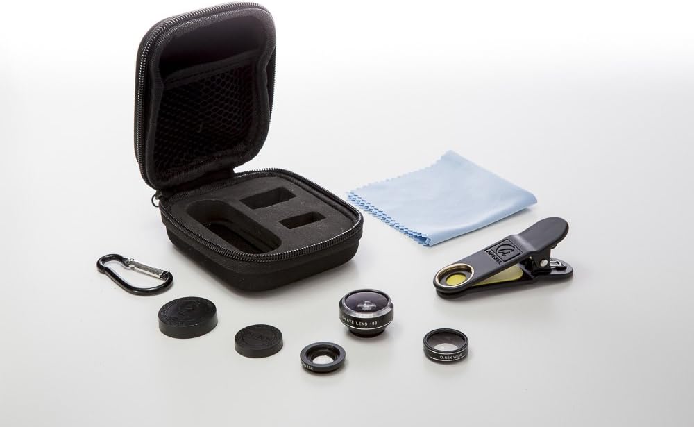 Mobile phone universal 3 in 1 Fish Eye Lens, Wide Angle Lens, Macro Lens Kit Lens Set Compatible with Smartphones Wiko, Huawei, iPhone, Samsung, Galaxy, Tablet, iPad, Computers. Supplied in Hard Cover with Micro Fibre Cleaning Cloth.
