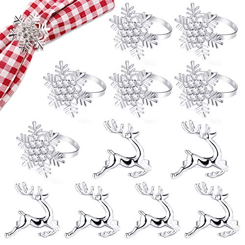 Best Deal Cheap 🛒 KONUNUS Christmas Napkin Rings Set of 12 Pieces Rhinestone Snowflake Napkin Rings and Deer Napkin Rings for Christmas Holidays Dinners Party Supplies Everyday Use, Silver