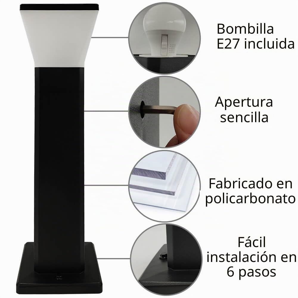 FactorLED 3PCs Balizas de Jardín Exterior LED 57cm Cuadradas, 9W, 900Lm, Bolardo para Caminos, Inoxidable, IP65 Impermeable, Negro, 5CCT Luz Seleccionable, Casquillo E27