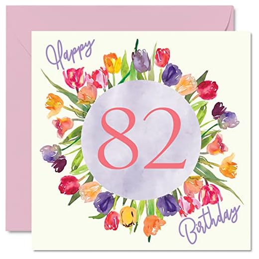 Hermosas tarjetas de cumpleaños 82 para mujer, ramo de flores de tulipanes de acuarela, tarjeta de feliz cumpleaños para ella, abuela, niñera, 145 mmx145 mm, bonitas tarjetas de felicitación florales