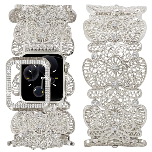 VIQIV Compatible with Apple Watch Bands for Women 38/40/41/42/44/45/46/49mm with Bling Case, Unique Mesh Metal Wide Stylish Dressy Wristband for iWatch Ultra 2 Series SE/10/9/8/7/6/5/4/3