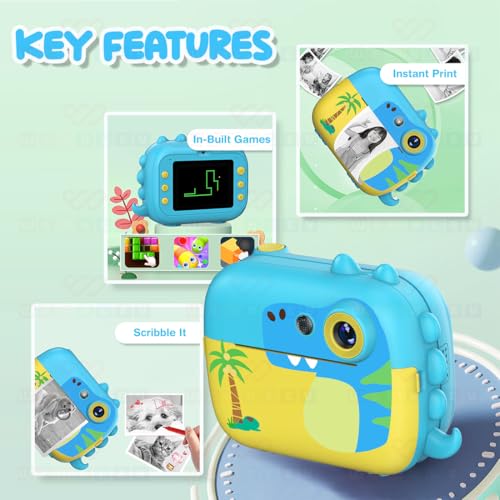 Image of Wembley 8MP Instant Print Digital Camera for Kids 3 4 5 6, Years Dino Design with Print Paper Rolls 4GB SD Card Shoulder Strap | Video Recorder Games Photo Filters Effects | Perfect for Birthday Gift